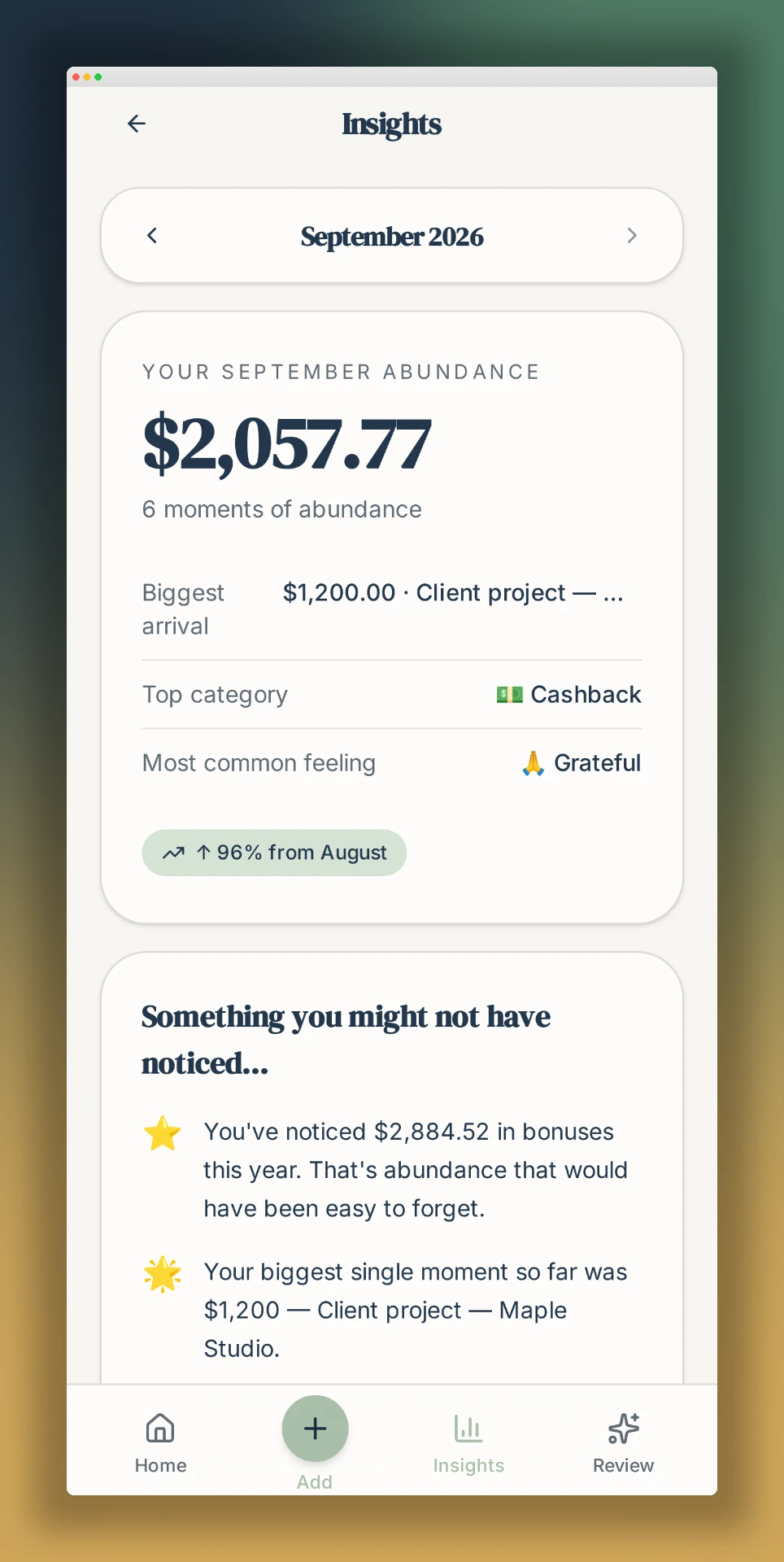 Track Abundance insights screen showing monthly totals, patterns, and notable financial moments